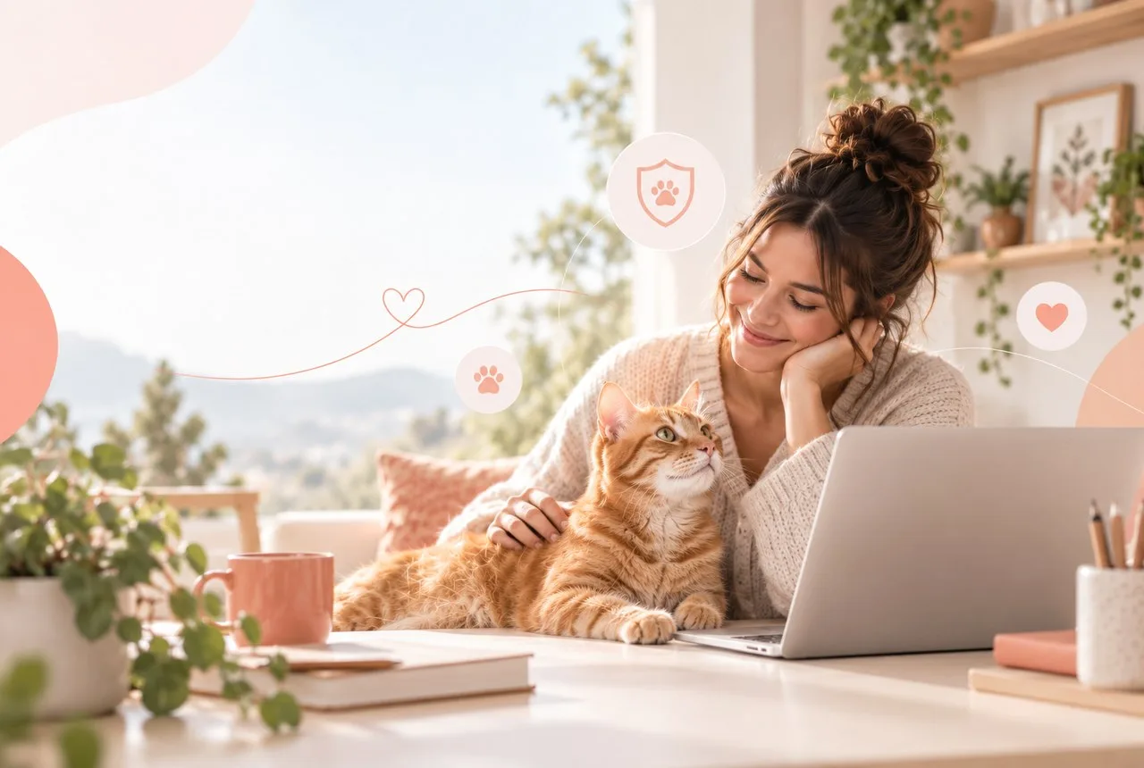 Owner using a laptop with an orange tabby cat beside her